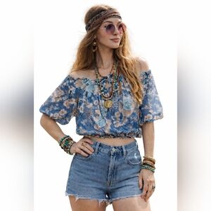 Vintage 70s Cropped Boho Floral Top Blue Brown M Festival